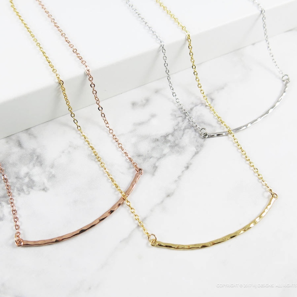 Gold Silver Rose Gold Hammered Curved Bar Necklace